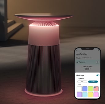 In a dark space, the product is emitting a moody color light. In the lower right corner, you can see the ThinQ app usage environment where you can adjust the color of the light from the product.