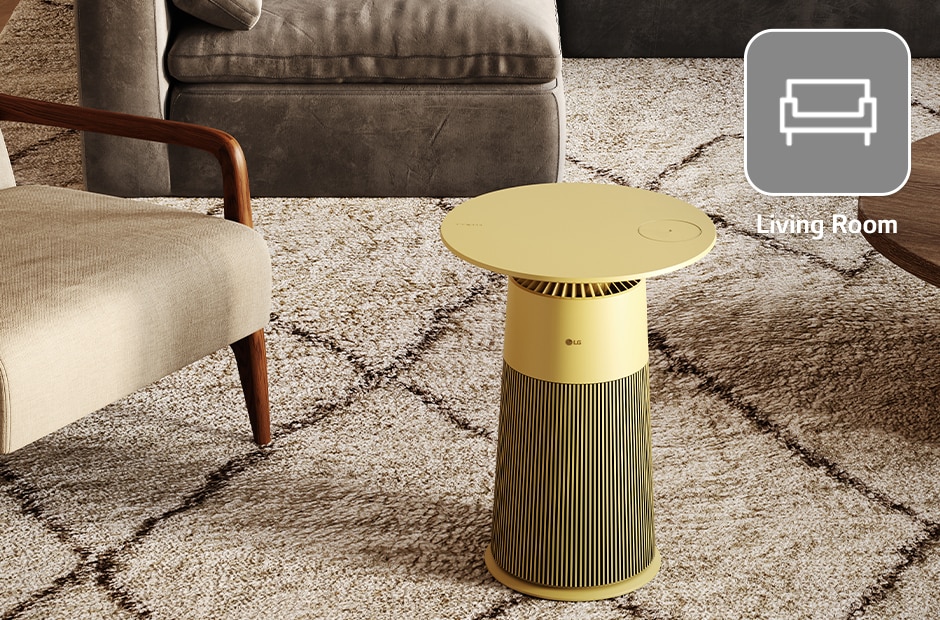 The product is placed on the carpet. The yellow product is becoming the point of the living room.