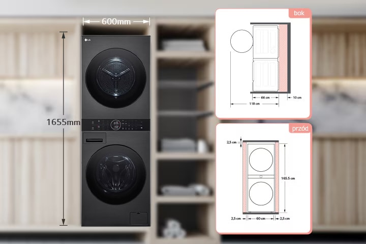 Wyjaśnia, ile miejsca potrzeba na instalację pralki. Zawiera informację o tym, ile miejsca potrzeba na zamontowanie pralki – 10 cm z tyłu i 2,5 cm z lewej i prawej strony.