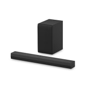 Widok pod kątem na LG Soundbar S40T i subwoofer