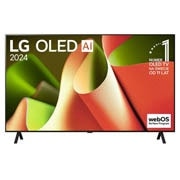 Widok z przodu LG OLED TV, OLED AI B4, logo emblematu „11 Years of World Number 1 OLED” i logo programu webOS Re:New na ekranie z 2-biegunową podstawką