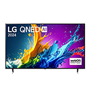 Widok z przodu na telewizor LG QNED, QNED80 z tekstem LG QNED, 2024 i logo webOS Re:New Program na ekranie