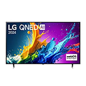 Widok z przodu na telewizor LG QNED, QNED80 z tekstem LG QNED, 2024 i logo webOS Re:New Program na ekranie