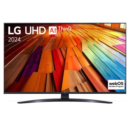 Widok z przodu na telewizor LG UHD, UT81 z tekstem LG UHD AI ThinQ, 2024 i logo webOS Re:New Program na ekranie