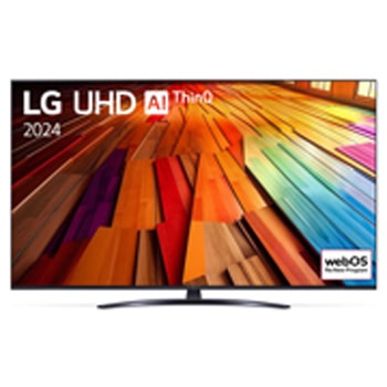 Widok z przodu na telewizor LG UHD, UT81 z tekstem LG UHD AI ThinQ, 2024 i logo webOS Re:New Program na ekranie