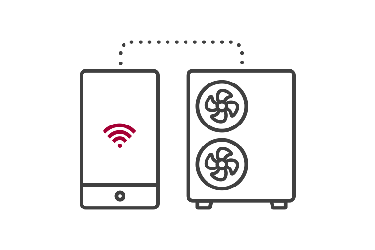 Ikona przedstawiająca smartfon z symbolem Wi-Fi połączony z urządzeniem wyposażonym w dwa wentylatory, symbolizując zdalne sterowanie.