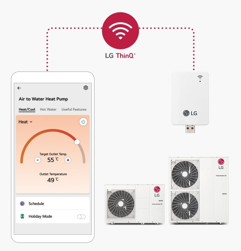 Ekran smartfona z aplikacją LG ThinQ do kontroli temperatury pompy ciepła. Obok znajdują się jednostka zewnętrzna LG, moduł łączności i zbiornik na wodę.