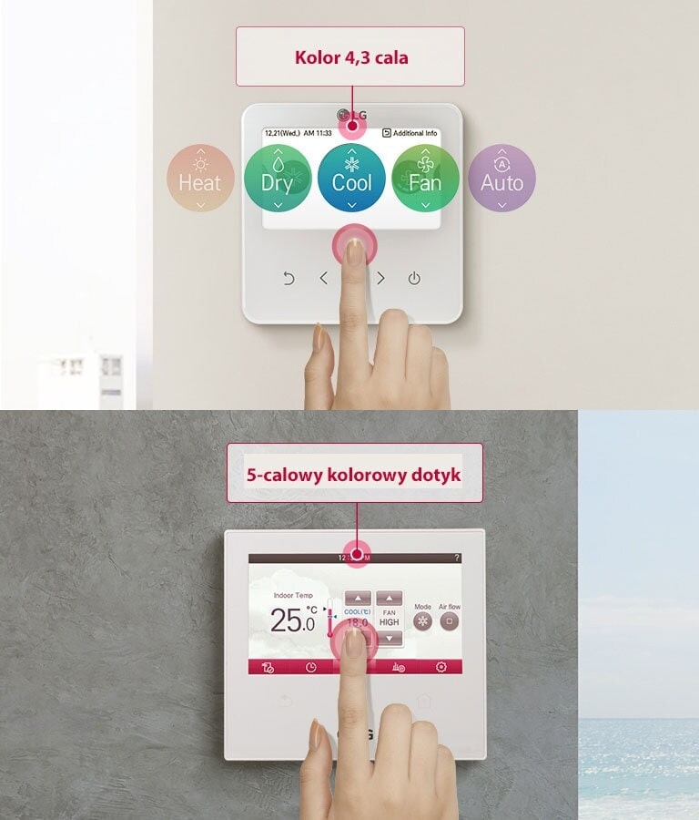 LG HVAC indywidualne kontrolery są pokazane obok siebie: po lewej stronie kontroler kolorowy 4.2, a po prawej dotykowy 5.