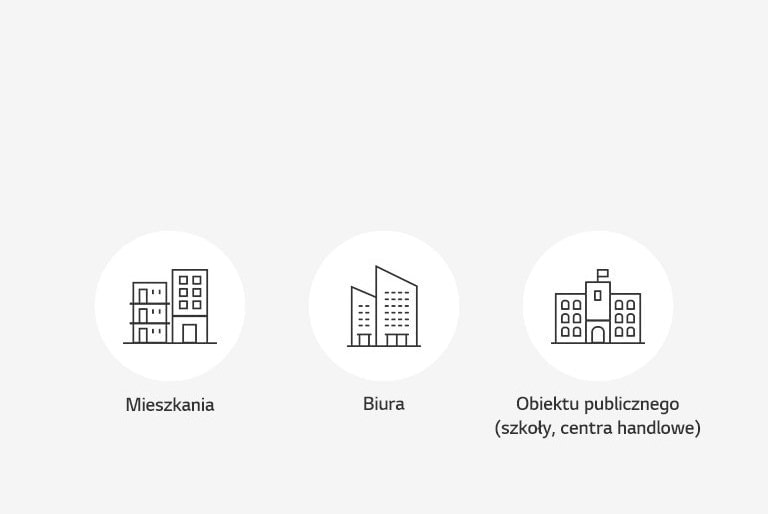 Na białym tle od lewej strony znajdują się ikony w kółkach przedstawiające budynek komercyjny, budynek mieszkalny oraz szkołę i obiekt.