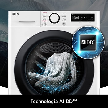 Pralka LG MF4W90506W 9kg w kolorze białym, wyposażona w technologię AI DD®, która inteligentnie wykrywa rodzaj tkaniny, aby zapewnić optymalną pielęgnację.