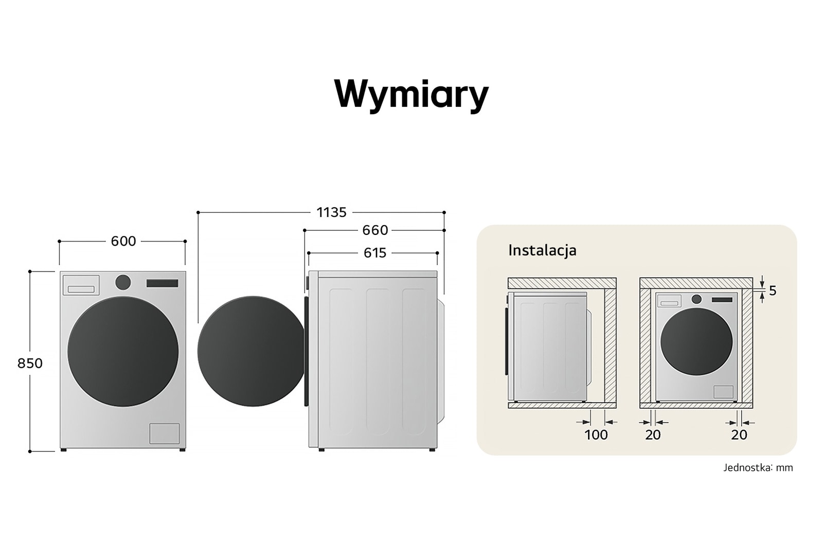Schemat techniczny pralko-suszarki 13/7 kg LG F4D37952W przedstawiający wysokość 850 mm, szerokość 600 mm i głębokość 615 mm.