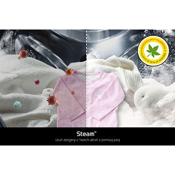 Technologia parowa Steam w pralko-suszarce LG F4D37952W usuwająca alergeny, certyfikowana przez British Allergy Foundation.