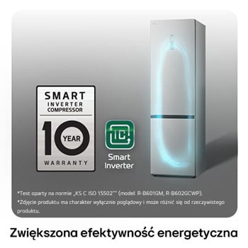 Lodówko-zamrażarka LG GBV5250CPY z logo Smart Inverter Compressor, podkreśla 10-letnią gwarancję i lepszą efektywność energetyczną.