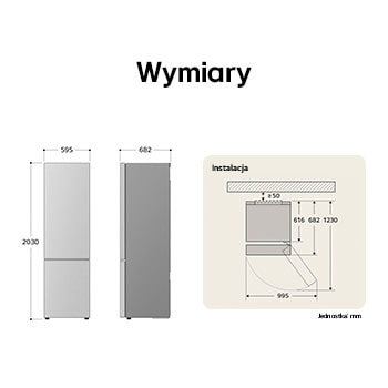 Lodówko-zamrażarka LG GBV3210DPY rysunek techniczny: wys. 2030, szer. 595, gł. 682 mm, z wymiarami instalacyjnymi i $\ge$50 mm odstępu od ściany.