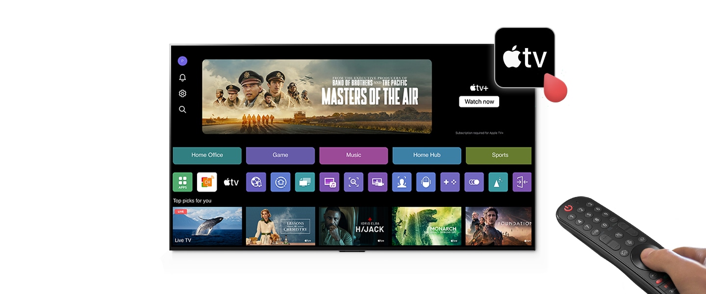Obraz systemu operacyjnego LG Smart TV. W systemie znajduje się ikona aplikacji Apple TV+.