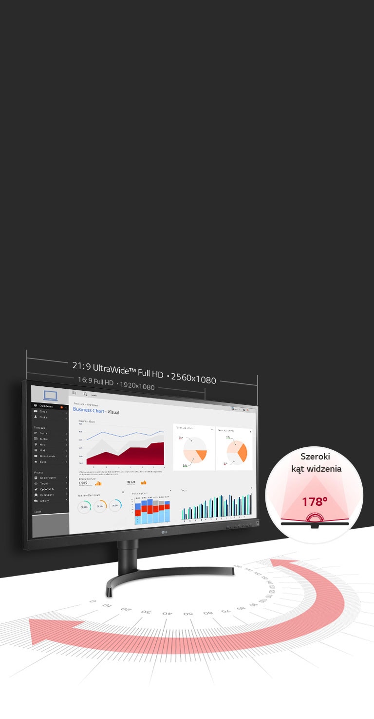 Dzięki matrycy IPS monitor LG zapewnia szeroki kąt widzenia 178̊. Monitor 21:9 UltraWide™ Full HD (2560 x 1080) zapewnia o 33% więcej przestrzeni roboczej w porównaniu z monitorami Full HD 16:9.