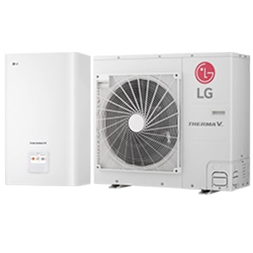 LG HVAC Therma V system. It consists of two white units: an outdoor unit with a fan and a smaller indoor unit.