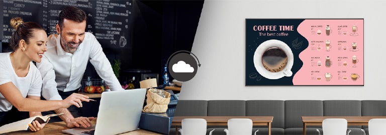 Menedżerowie kawiarni tworzą menu, które będą wyświetlane na wyświetlaczu zainstalowanym na ścianie kawiarni przy użyciu oprogramowania do zarządzania treścią.