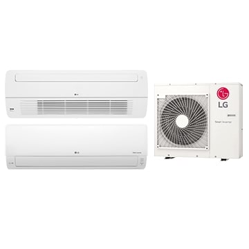 Wyświetlane są jednostki LG HVAC Multi Split, składające się z kilku jednostek wewnętrznych podłączonych do jednej jednostki zewnętrznej.