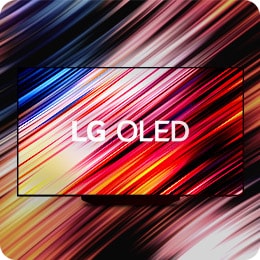 Na ekranie telewizora LG OLED są pokazane kolorowe paski, które wychodzą poza ekran na tło.
