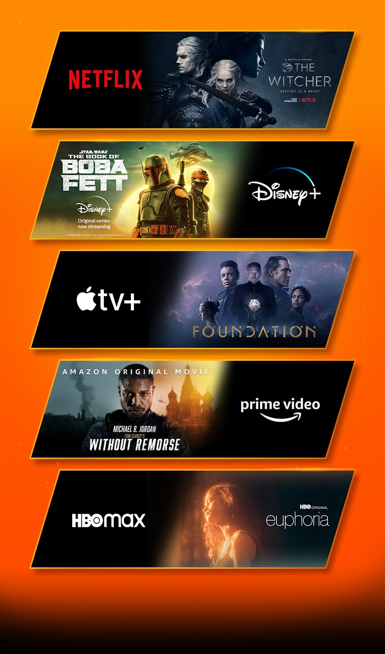 Są trzy bloki – każdy zawiera logo platformy streamingowej i kadr z filmu. Logo Netflix z Wiedźminem, logo Apple TV plus z Fundacją oraz logo prime video z Bez skrupułów Toma Clancy'ego.
