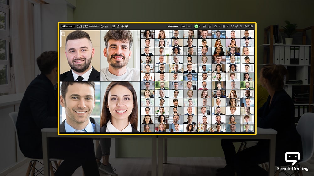 Ekran telewizora pokazujący 100 osób za pomocą funkcji RemoteMeeting.