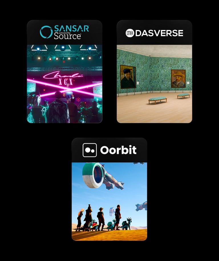 Zobrazujú sa tri obrazové bloky, na ktorých sú zobrazené obrázky zo služby metaverse a logo služby: Sansar, Dasverse a Oorbit.