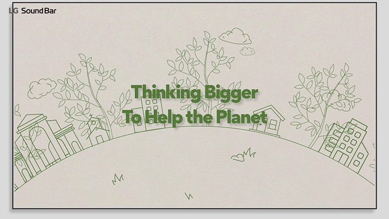 Zielona linia domów i drzew oraz zielony tekst „Thinking Bigger To Help the Planet” nad nią. Kliknij, aby obejrzeć film