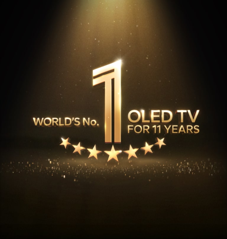 Złoty emblemat „Najlepszy na świecie OLED TV od 11 lat” na czarnym tle. Na emblemacie świeci reflektor, a złote abstrakcyjne gwiazdy wypełniają przestrzeń.  
