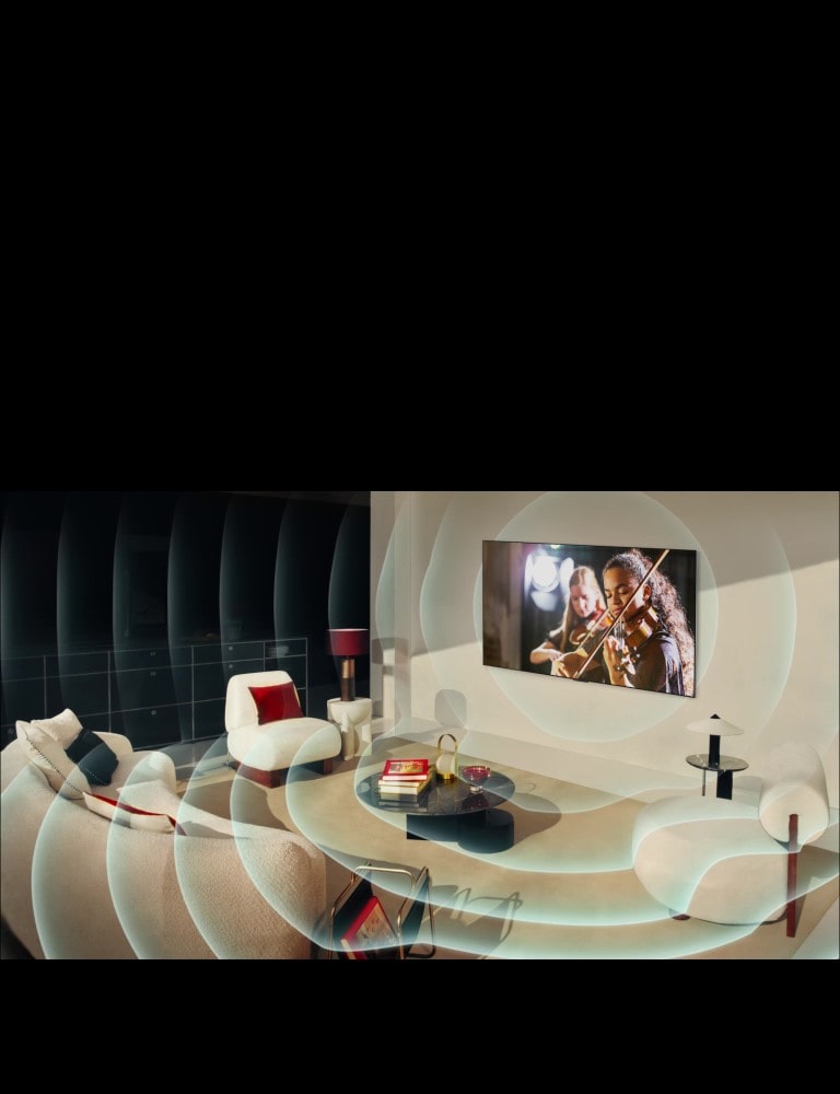 LG OLED TV w nowoczesnym mieszkaniu. Nad obrazem pojawia się nakładka z siatką, niczym skan przestrzeni, po czym z ekranu wystrzeliwują niebieskie fale dźwiękowe, idealnie wypełniając pomieszczenie dźwiękiem.
