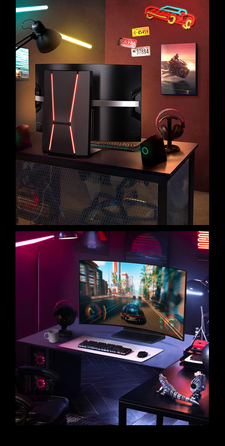 LG OLED Flex widziany z tyłu w kolorowym pokoju gamingowym. Shield Design podświetlany jest na czerwono.   LG OLED Flex widziany z przodu w ciemnym i oświetlonym na fioletowo pokoju gier podczas grania w grę wyścigową.