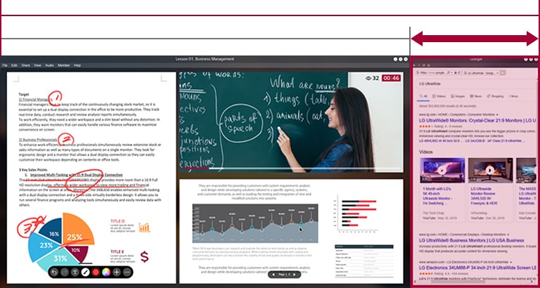Większa przestrzeń ekranu UltraWide o proporcjach 21:9 w porównaniu do ekranu 16:9. Na ekranie widać trwające zajęcia online.