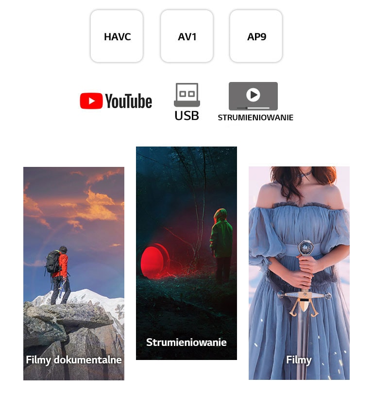 Długa pionowa scena filmów dokumentalnych przedstawiających mężczyznę na szczycie góry, usługi streamingowe przedstawiające dziecko patrzące na okrągłe czerwone światło w lesie oraz filmy pokazujące kobietę z mieczem.