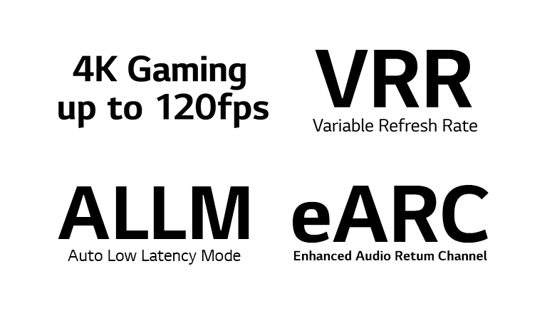 Znak gier w rozdzielczości 4K do 120 fps Znak zmiennej częstotliwości odświeżania Znak automatycznego trybu krótkich opóźnień Znak eARC
