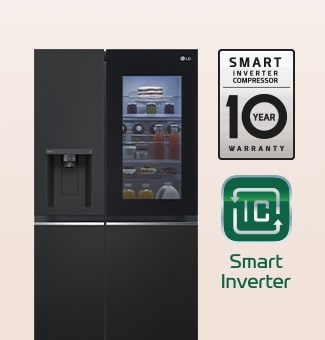 10 lat gwarancji po prawej stronie lodówki, logo smart inverter