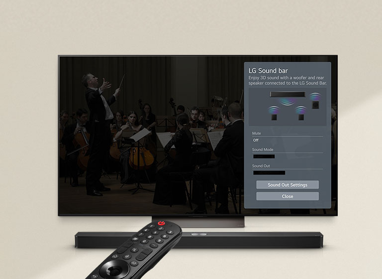 Pilot LG jest skierowany w stronę LG TV z LG Soundbar umieszczonym pod spodem. Ekran LG TV pokazuje menu interfejsu WOW.