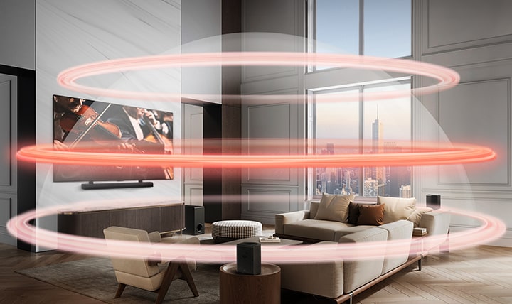 LG Soundbar i LG TV znajdują się w wielkomiejskim apartamencie. Trzy czerwone paski ilustrujące wirtualne warstwy z pogrubioną czerwoną warstwą po środku, tworzące kopułę dźwięku, która otacza sofy.