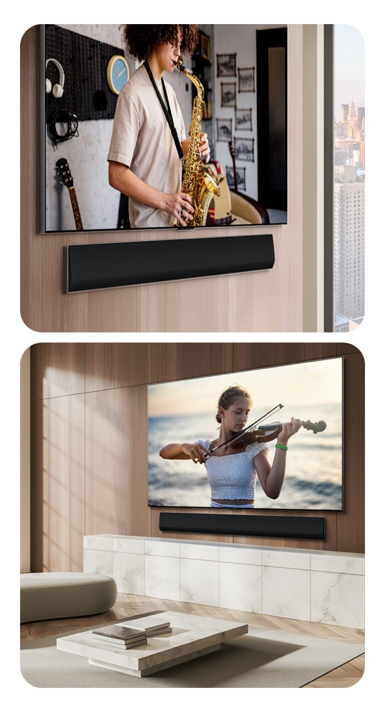 Widok pod kątem na dolną część LG Soundbar i LG TV zamontowanych na ścianie, wyświetlających koncert gry na trąbce na ekranie.  LG Soundbar oraz LG TV na drewnianej ścianie mieszkania, przedstawiający kobietę nad morzem, grającą na skrzypcach.