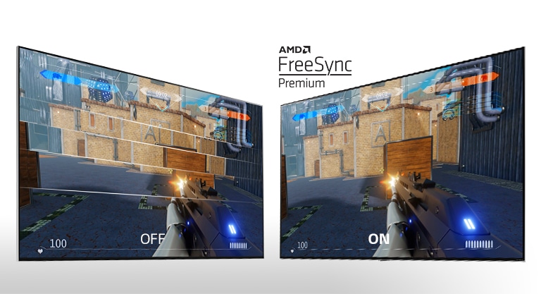 Dwa ekrany telewizora ustawione obok siebie, na których widać kadr z gry w strzelanie. Po lewej stronie technologia FreeSync jest wyłączona, a po prawej technologia FreeSync jest włączona.