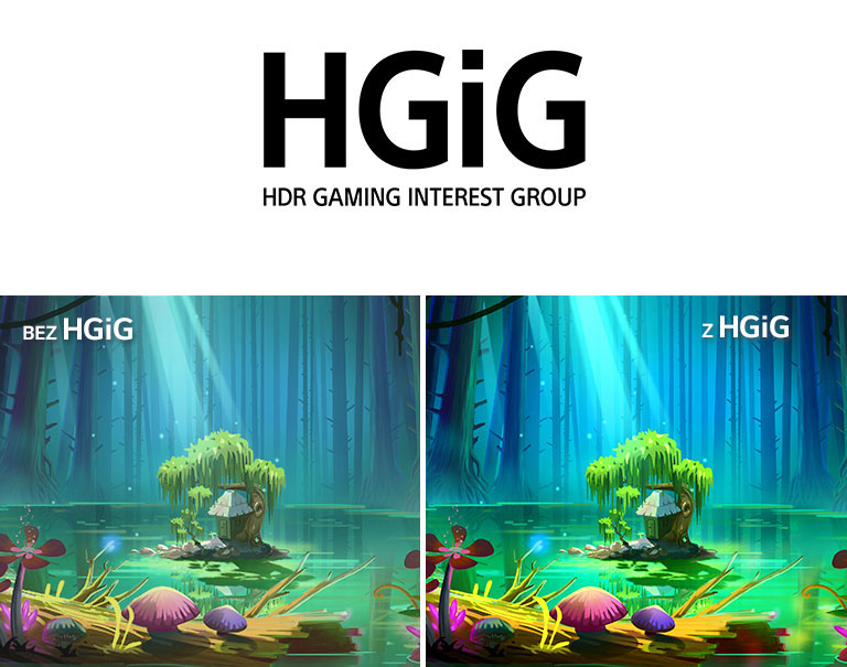 Animowany obraz przedstawiający mały dom i drzewo na małym placu znajdującym się na środku sadzawki otoczonej wysokimi i drzewami bez liści. W prawym górnym rogu znajduje się napis „With HGIG” wskazujący, że obraz z obsługą technologii HGiG jest jaśniejszy i lepszy niż obraz prezentowany bez niej.