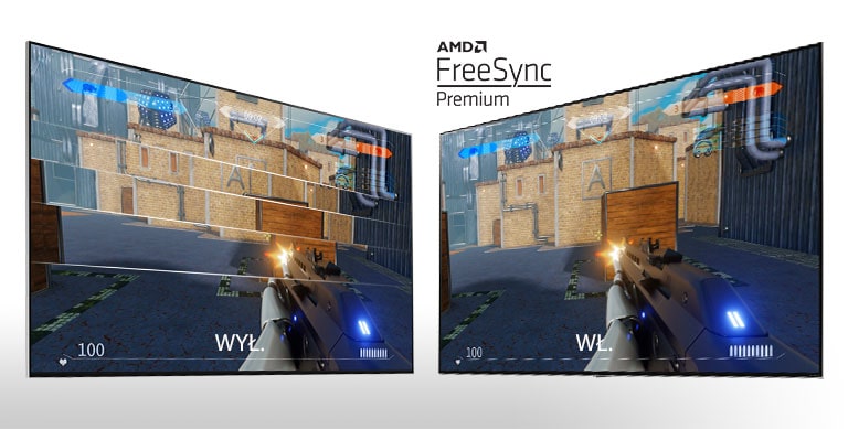 Dwa ekrany telewizora ustawione obok siebie, na których widać kadr z gry w strzelanie. Po lewej stronie technologia FreeSync jest wyłączona, a po prawej technologia FreeSync jest włączona.