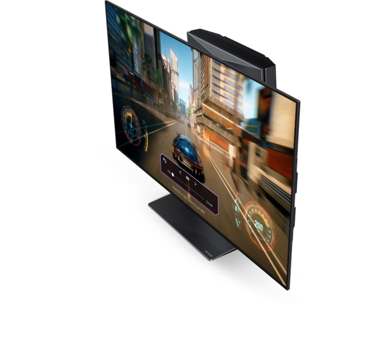 Zdjęcie telewizora LG OLED Flex w trybie płaskim z pilotem położonym przed nim. Przycisk regulacji wygięcia jest wyróżniony zielonym kolorem.