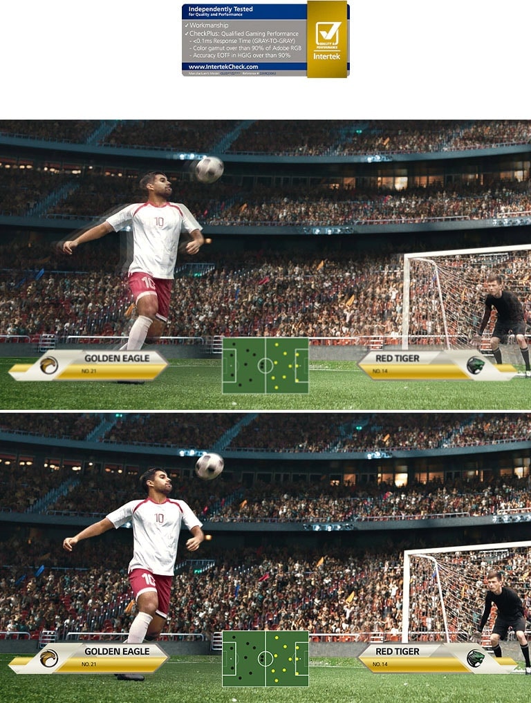 Ta sama scena z gry piłkarskiej ukazana na zwykłym ekranie i na ekranie o krótkim czasie reakcji. Obraz na ekranie o czasie reakcji 0,1 ms jest zauważalnie płynniejszy i bardziej realistyczny.