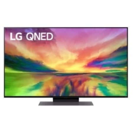 Een vooraanzicht van de LG QNED TV met invulbeeld en productlogo op