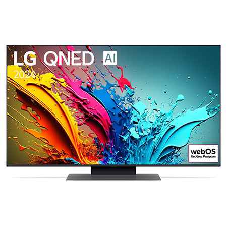 Widok z przodu na telewizor LG QNED, QNED87 z tekstem LG QNED, 2024 i logo webOS Re:New Program na ekranie