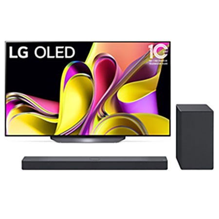 LG OLEDi eestvaade embleemiga 10 aastat maailma nr. 1 OLED. + Widok z przodu soundbaru i woofera