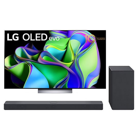 Widok z przodu telewizora LG OLED z napisem Od 10 lat telewizor OLED nr 1 na świecie na ekranie.+Widok z przodu soundbaru i woofera