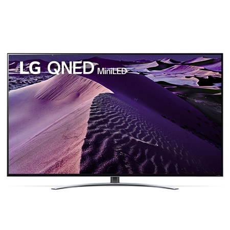 Widok z przodu telewizora LG QNED z obrazem wypełniającym i logo produktu