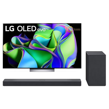 Widok z przodu telewizora LG OLED evo, napis Od 10 lat telewizor OLED nr 1 na świecie oraz soundbar pod spodem +  Widok z przodu soundbaru i woofera