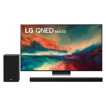 Widok z przodu telewizora LG QNED z obrazem wypełniającym i logo produktu+widok z przodu z subwooferem